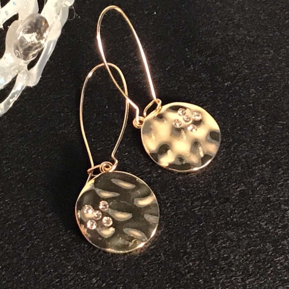 Earrings - Fashionable Gold Tone Hammered 3/4” Circular Drop With Rhinestones